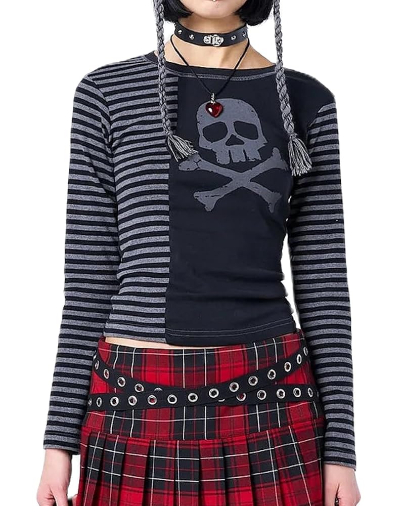 Emo Striped Long Sleeve Tops Y2K Gyaru Grunge Vintage